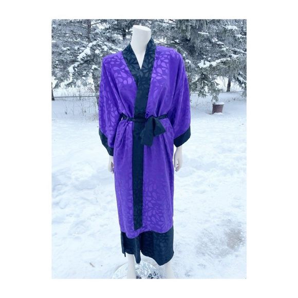 80s Diamond Tea Satin Loungewear Set Kimono Sleeve Duster Robe Trousers Purple B - Picture 8 of 16